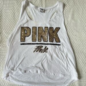 VS PINK White Sequin Logo Racerback Tank Top